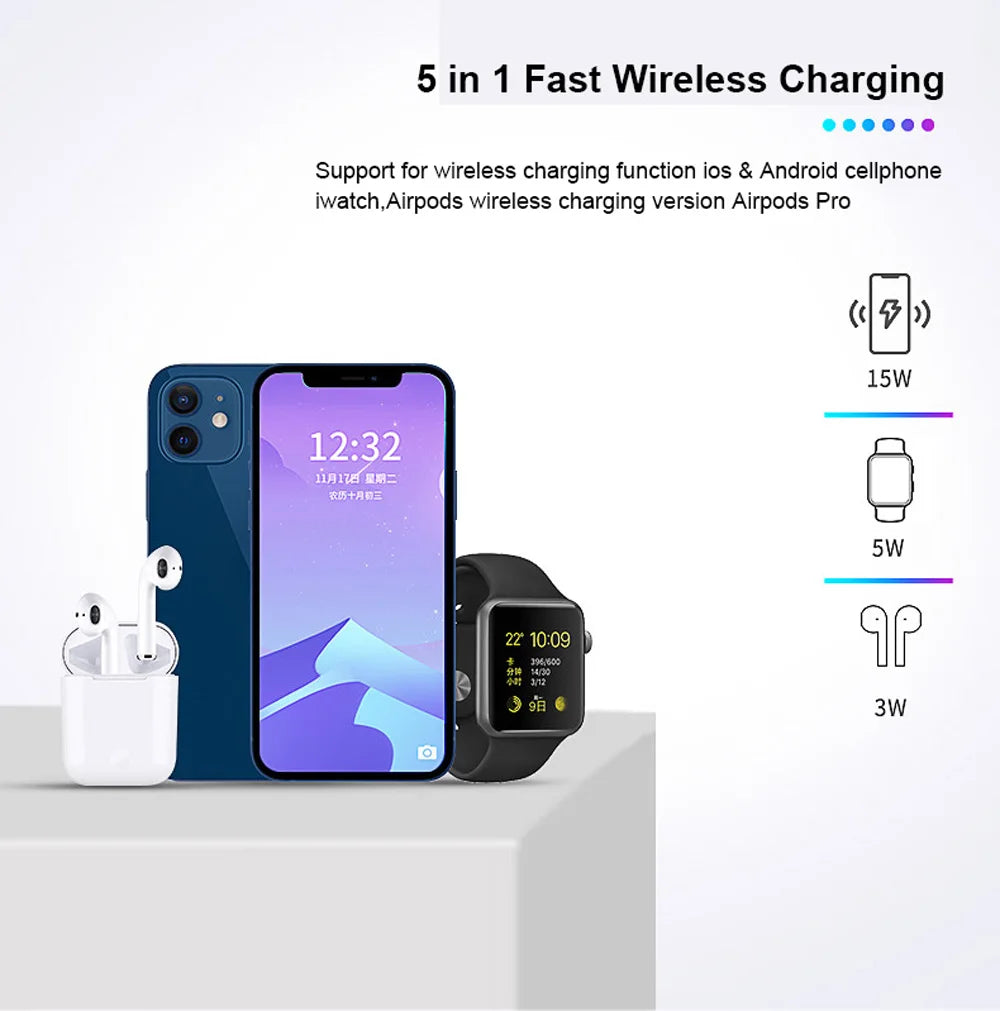 Multi-Device Magnetic Charging Dock: 5-in-1 Wireless Charger for iPhone & AirPods