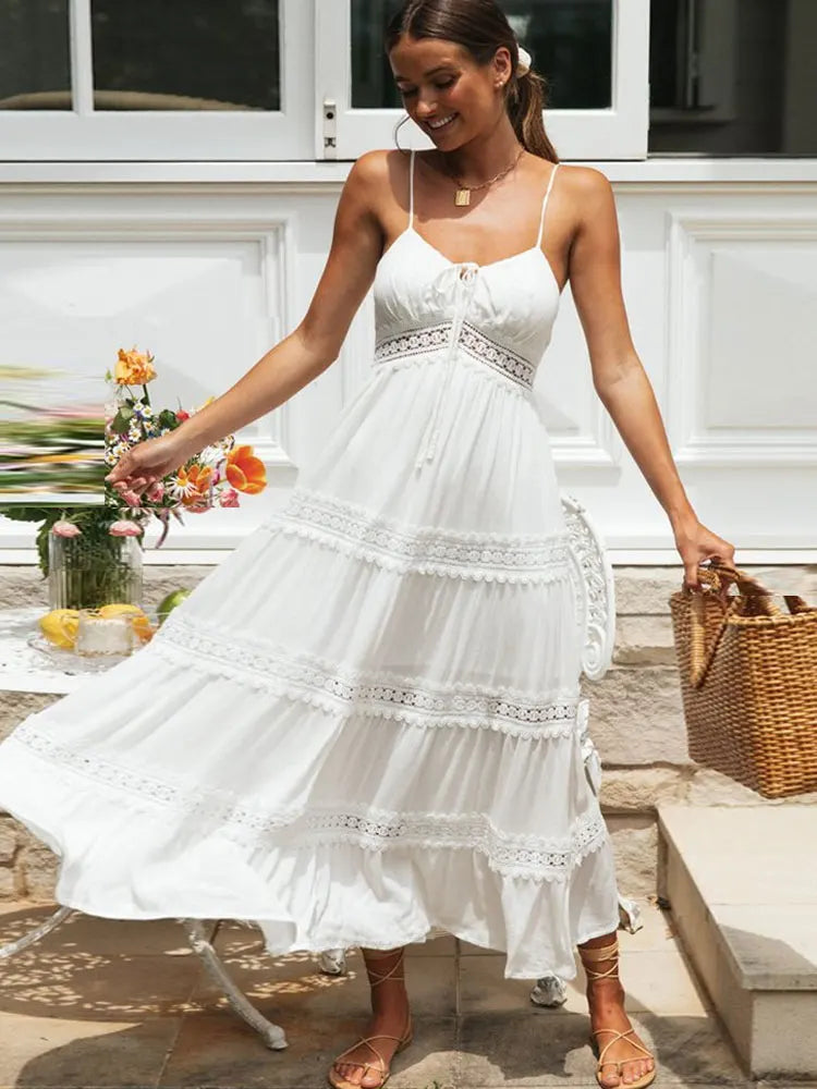 Elegant White Sundress: Spaghetti Strap Summer Dress with Hollow Out Design