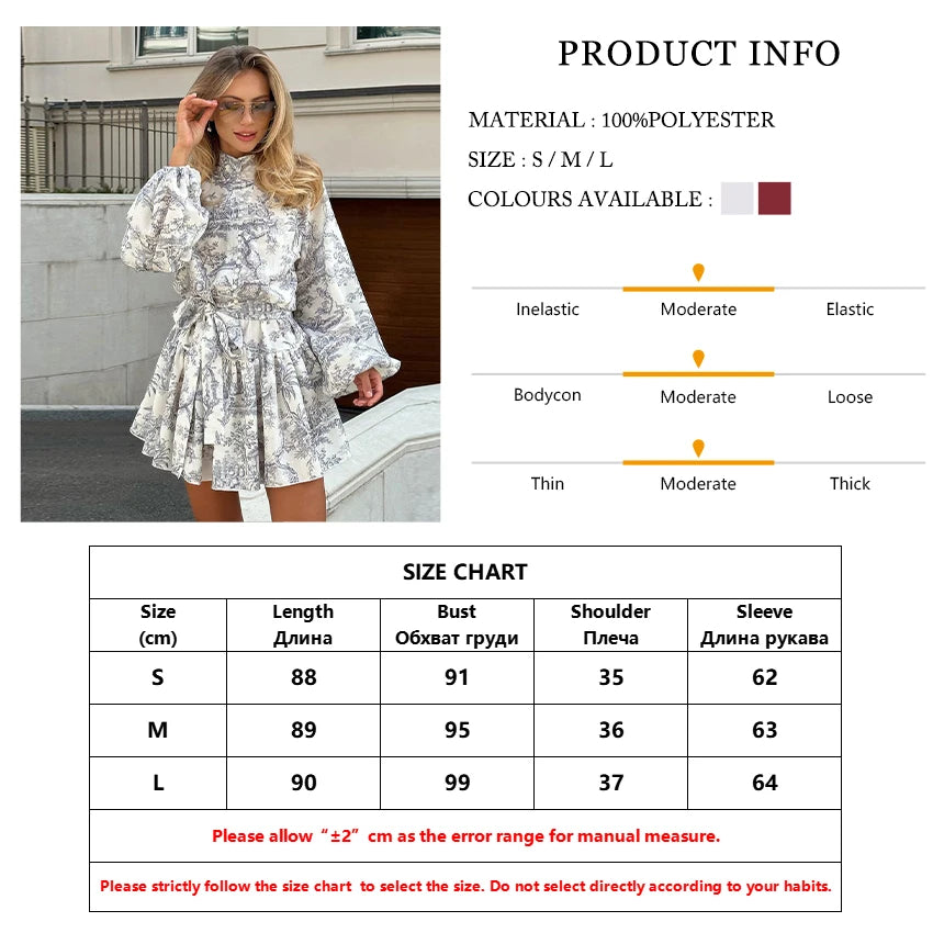 Clacive Casual Loose Print Dress: Fashion Stand Collar Puff Sleeve Mini