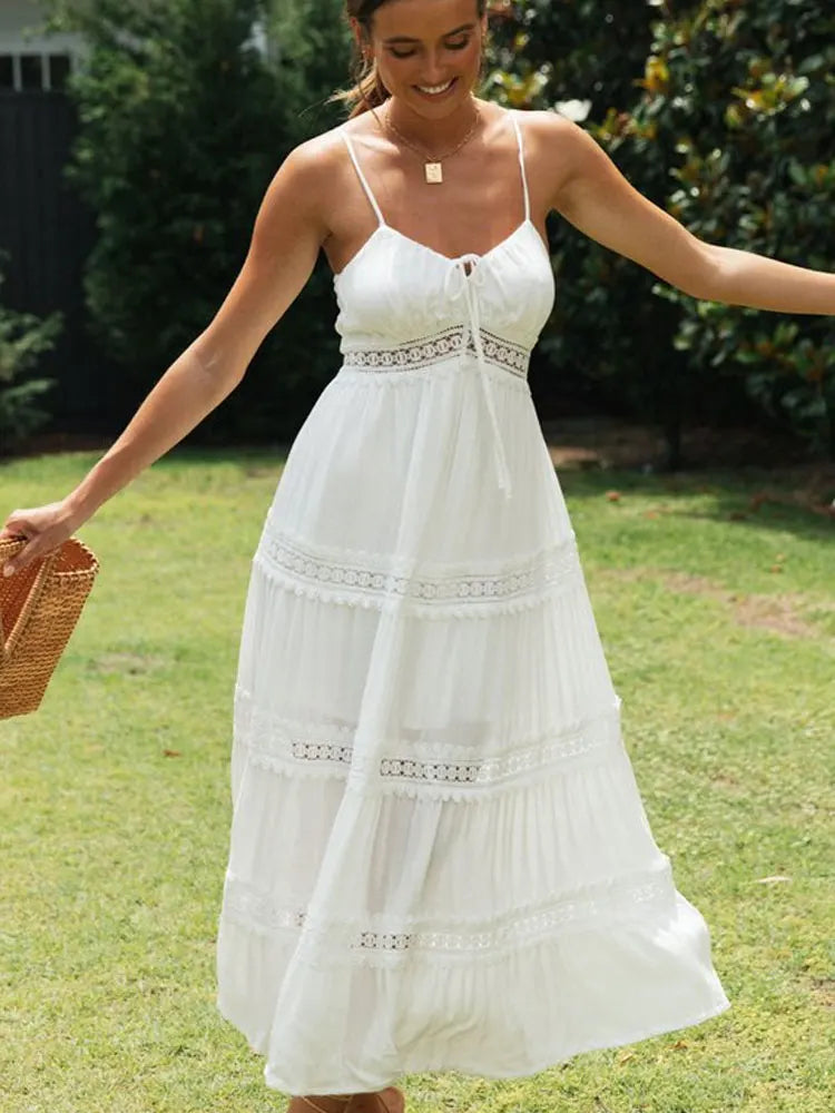 Elegant White Sundress: Spaghetti Strap Summer Dress with Hollow Out Design