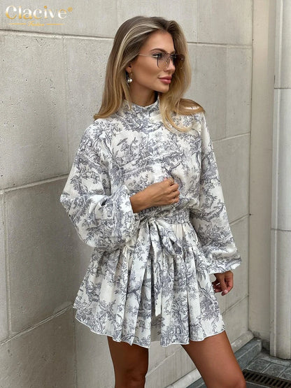 Clacive Casual Loose Print Dress: Fashion Stand Collar Puff Sleeve Mini