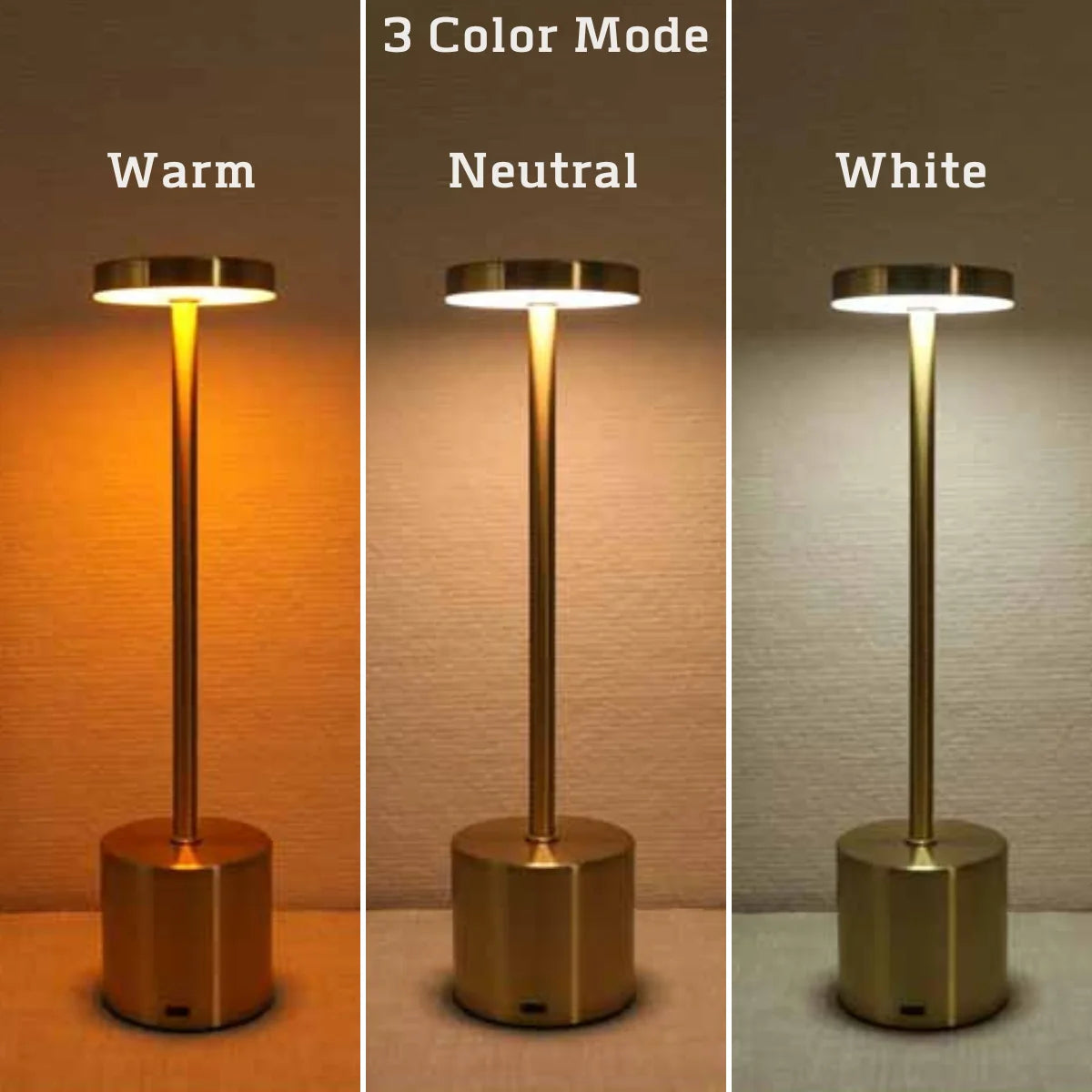 Rechargeable LED Touch Lamp: 3-Color Metal Table Light for Bedside & Outdoor