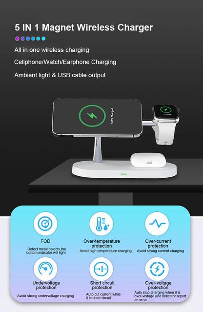 Multi-Device Magnetic Charging Dock: 5-in-1 Wireless Charger for iPhone & AirPods