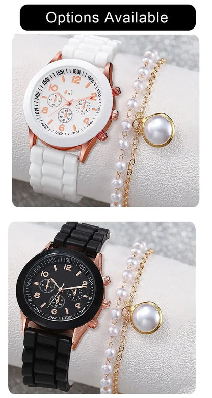 Fashionable Alloy Wristwatch Set: 2Pcs Women's White Quartz Watch