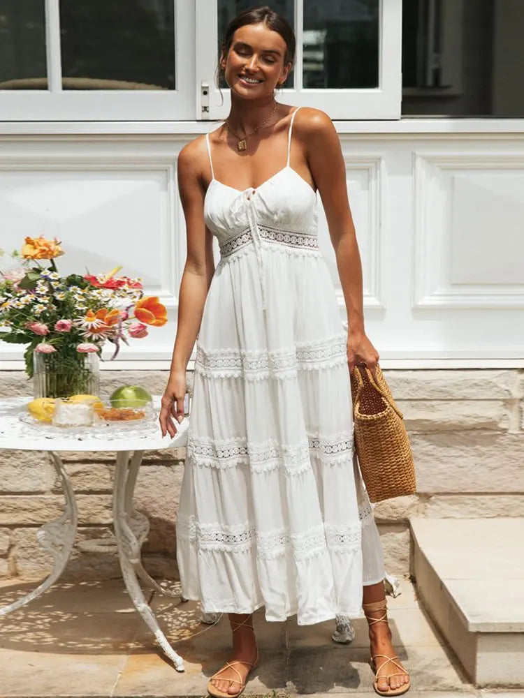 Elegant White Sundress: Spaghetti Strap Summer Dress with Hollow Out Design