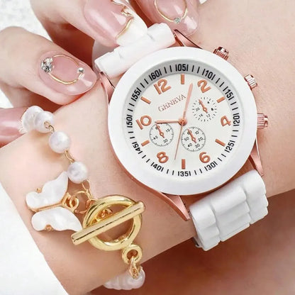 Fashionable Alloy Wristwatch Set: 2Pcs Women's White Quartz Watch