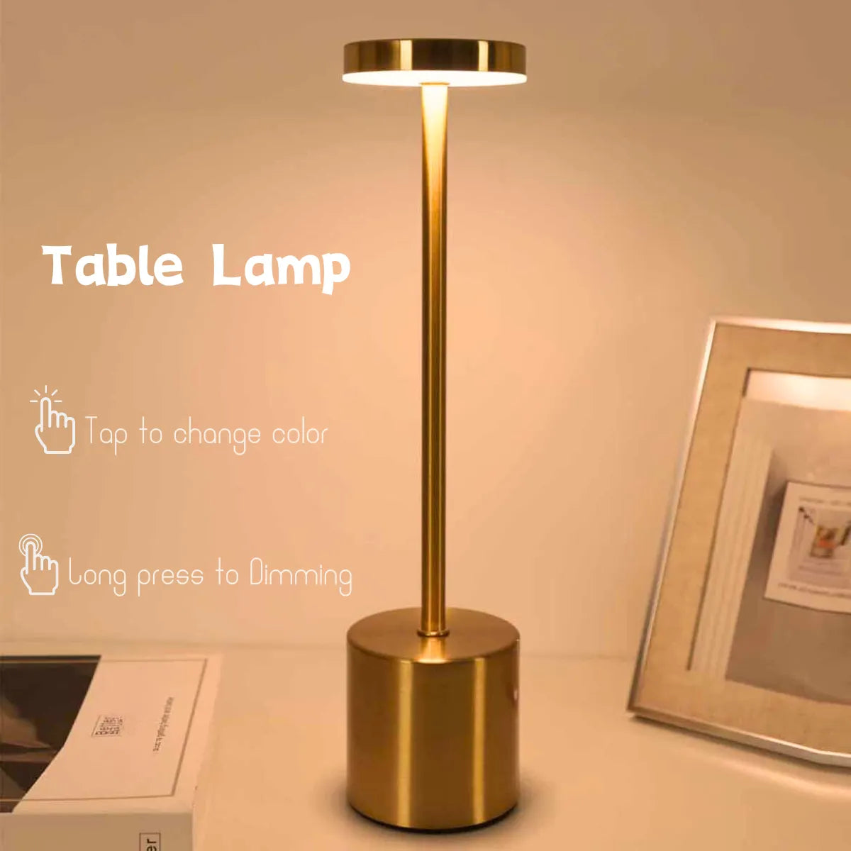 Rechargeable LED Touch Lamp: 3-Color Metal Table Light for Bedside & Outdoor