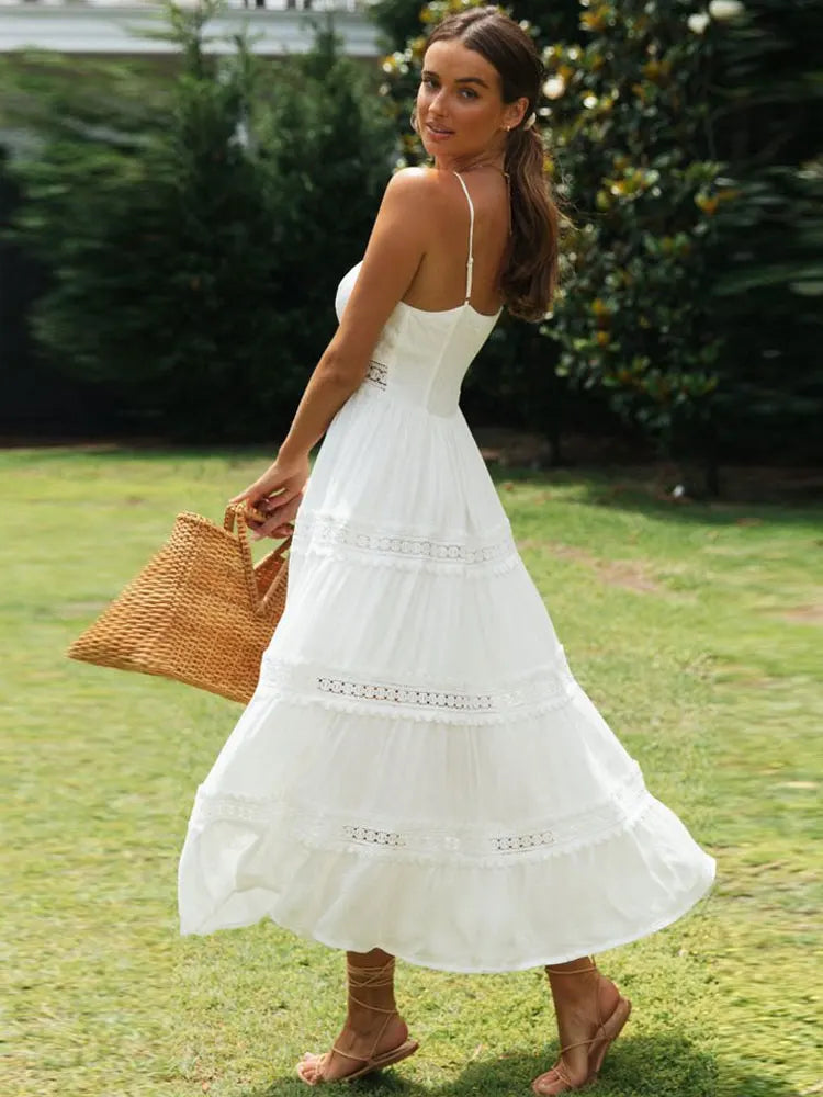 Elegant White Sundress: Spaghetti Strap Summer Dress with Hollow Out Design